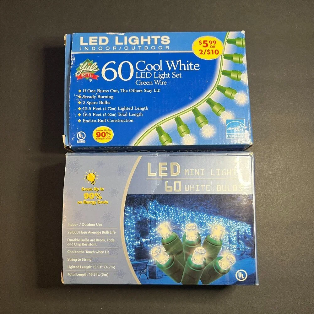 Lot of 2 Yule Rite 60ct Mini White LED Indoor Outdoor Christmas String Lights